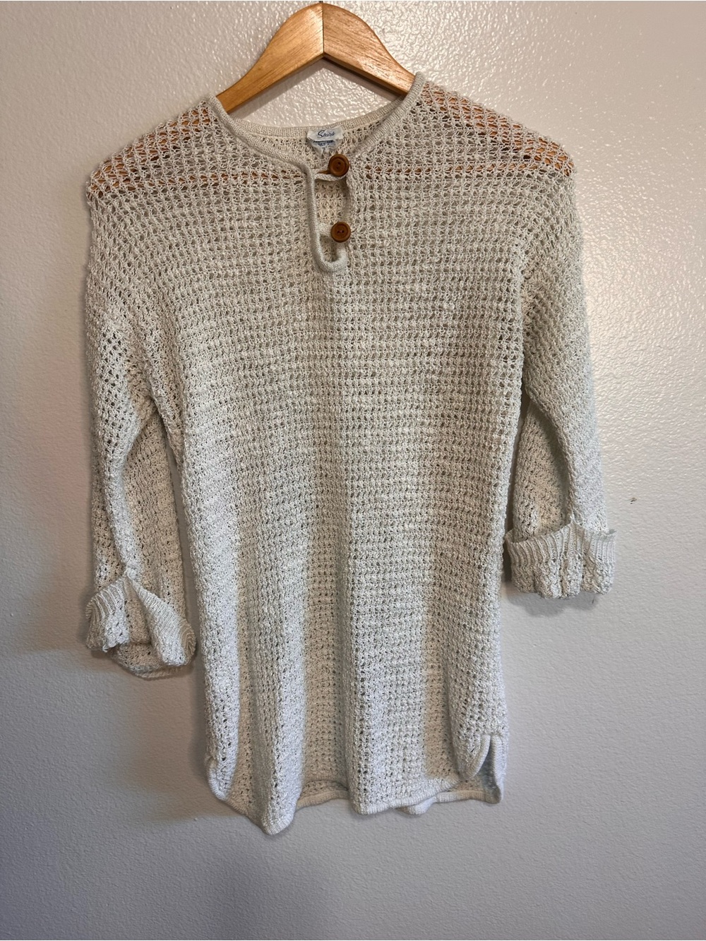 saltwater LUXE cream open-knit henley with wooden buttons